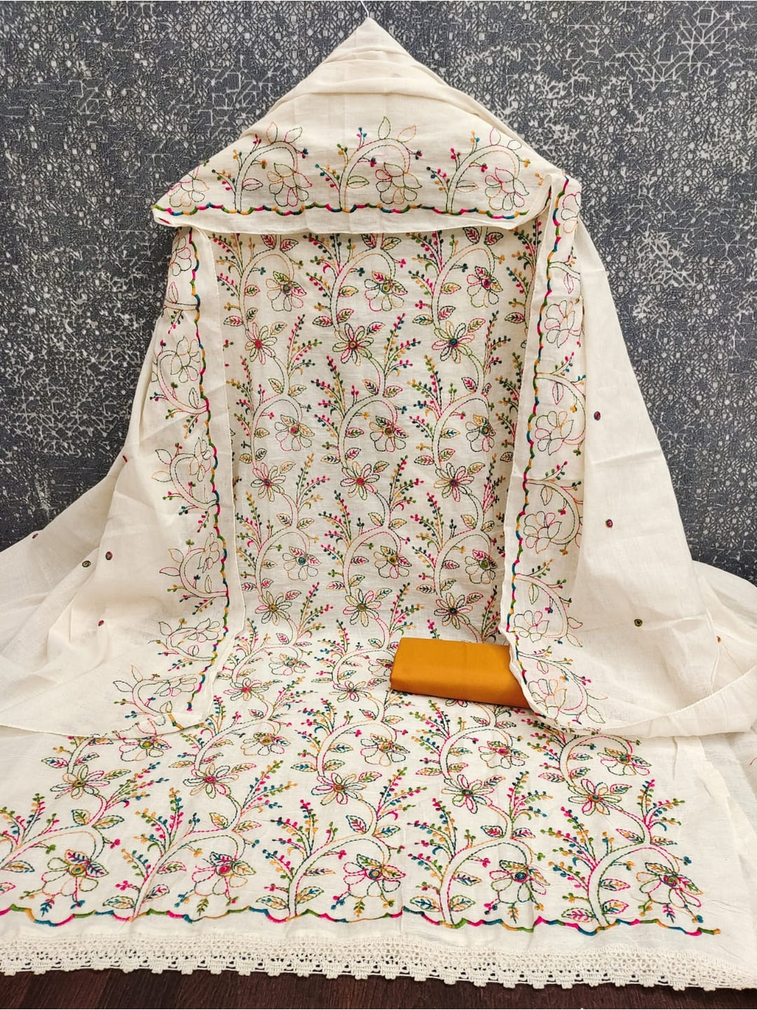Peachmode Cream Orange Floral Embroidered Cotton Dress Material - Image 3