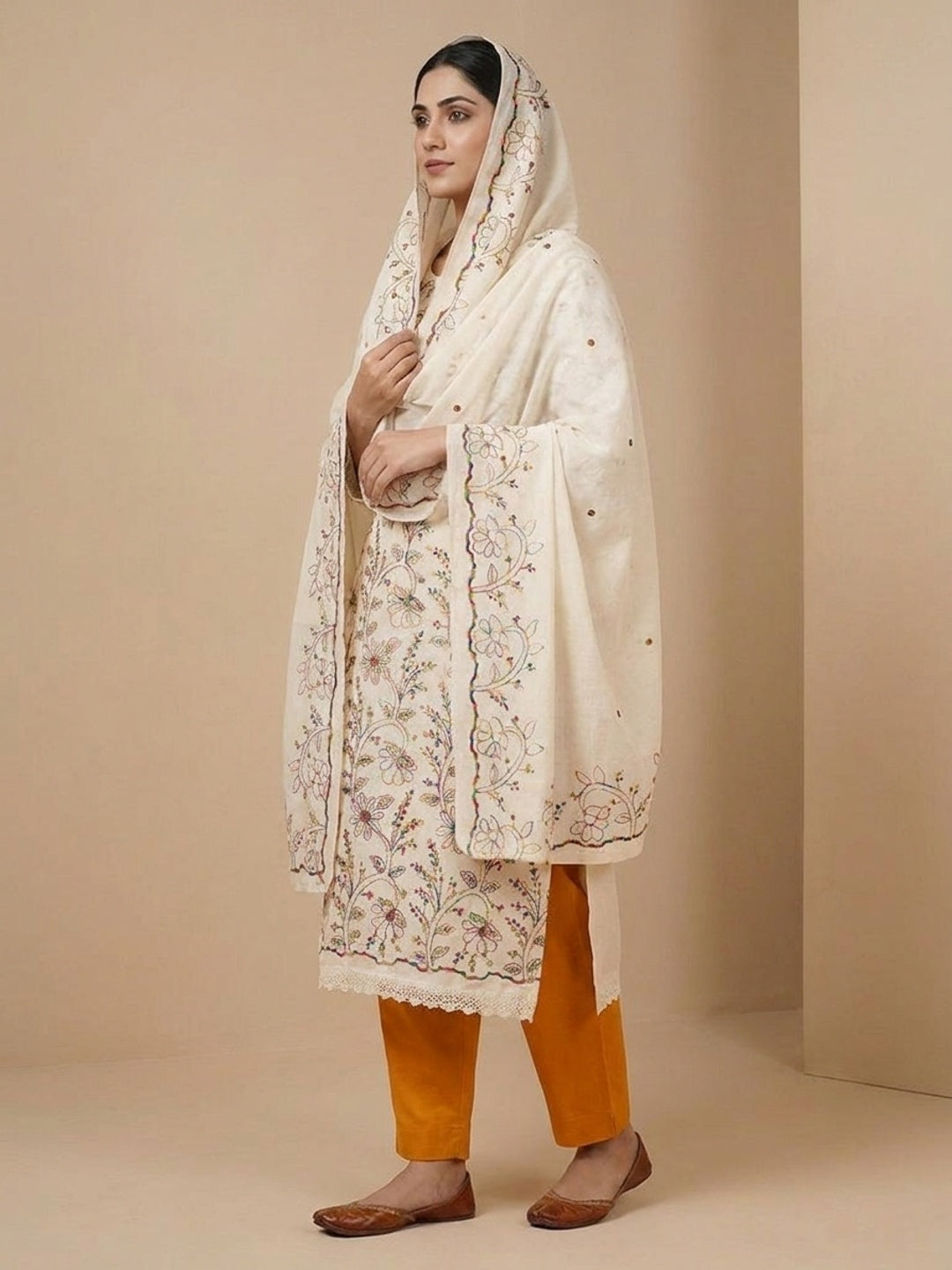 Peachmode Cream Orange Floral Embroidered Cotton Dress Material - Image 5