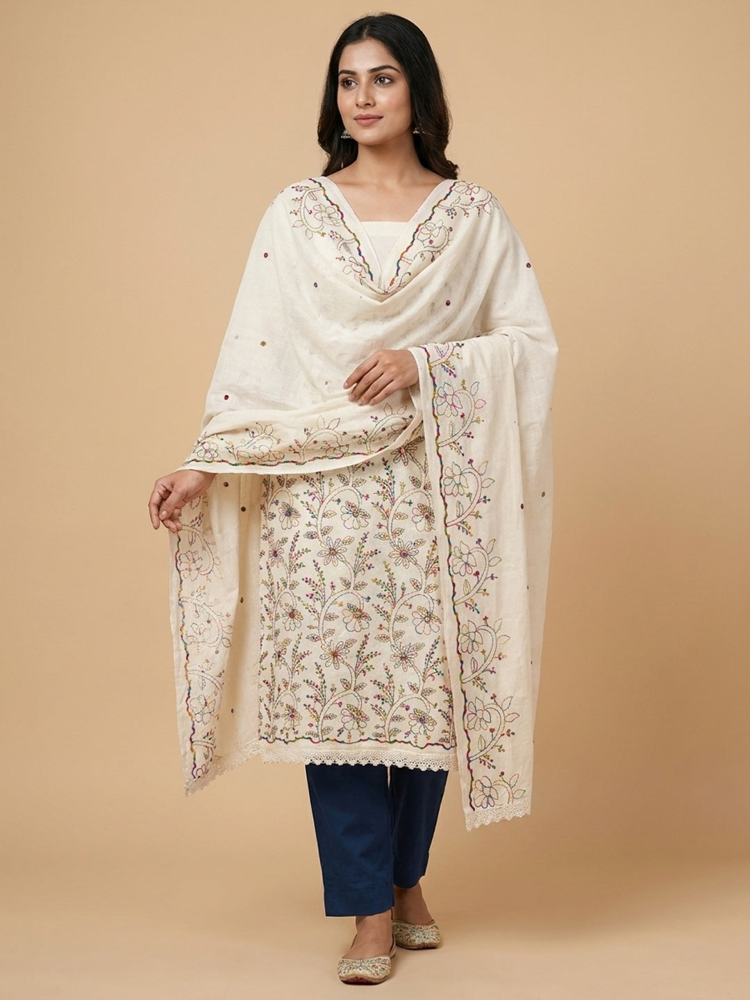 Peachmode Cream Navy Blue Floral Embroidered Cotton Dress Material - Image 2
