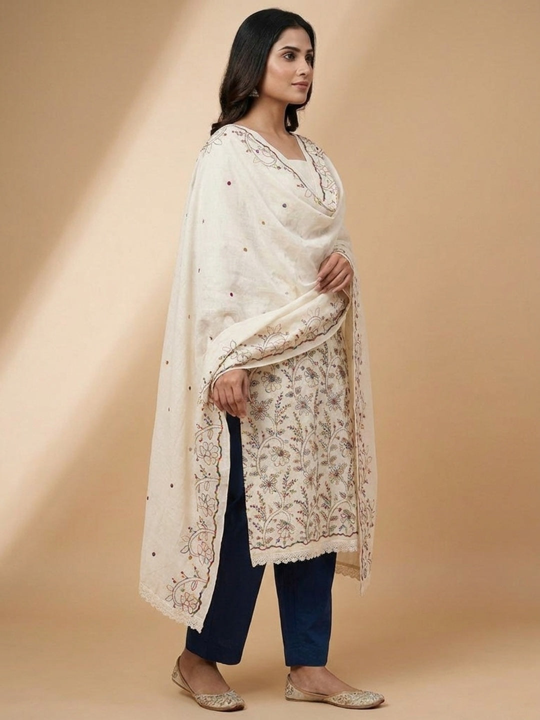 Peachmode Cream Navy Blue Floral Embroidered Cotton Dress Material - Image 5