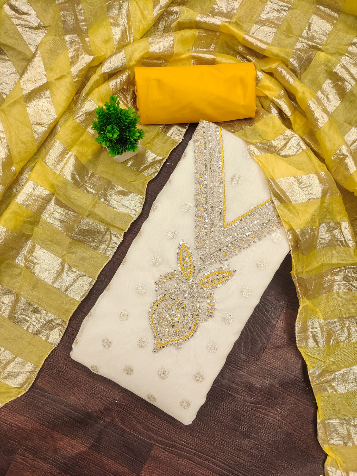 Mustard Shimmer Embroidered Unstitched Dress Material - Image 1