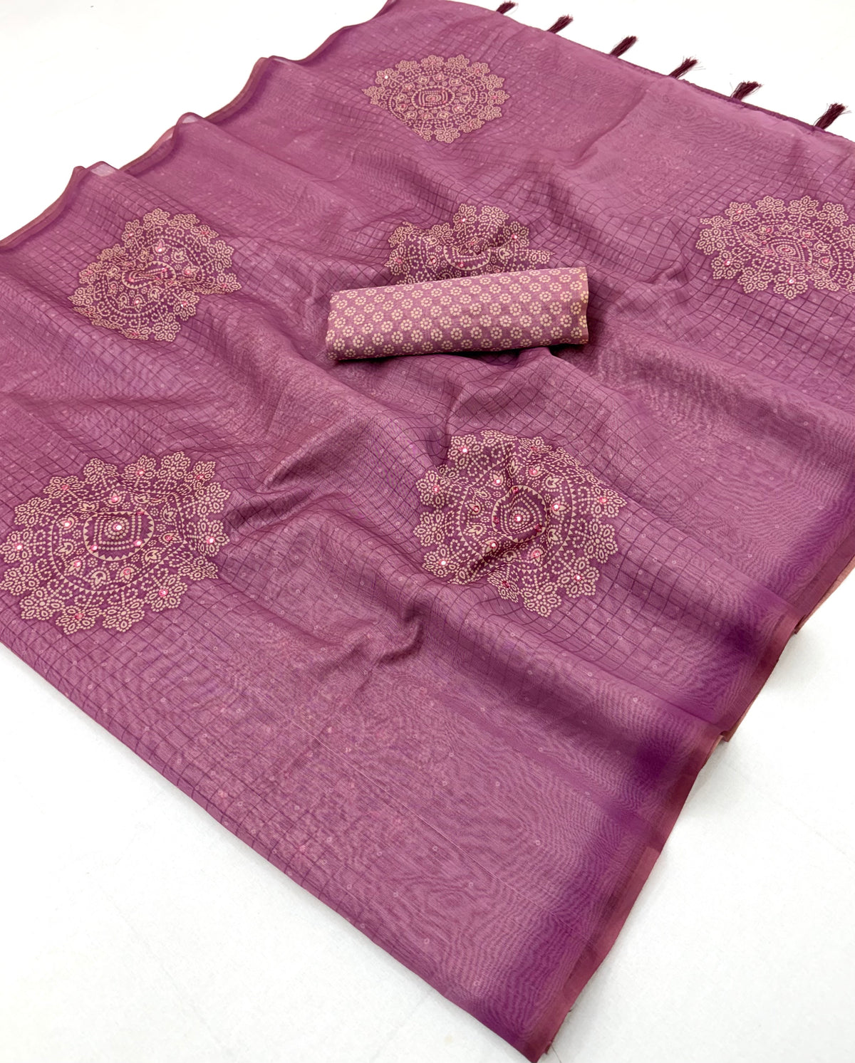 Peachmode Mauve Bandhani Mirror Work Linen Saree - Image 2