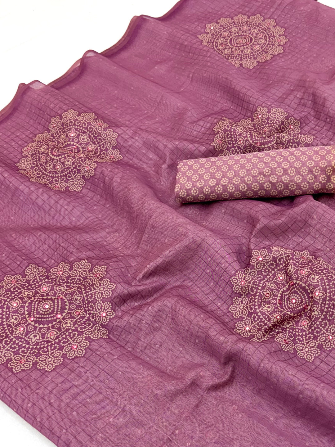 Peachmode Mauve Bandhani Mirror Work Linen Saree - Image 4