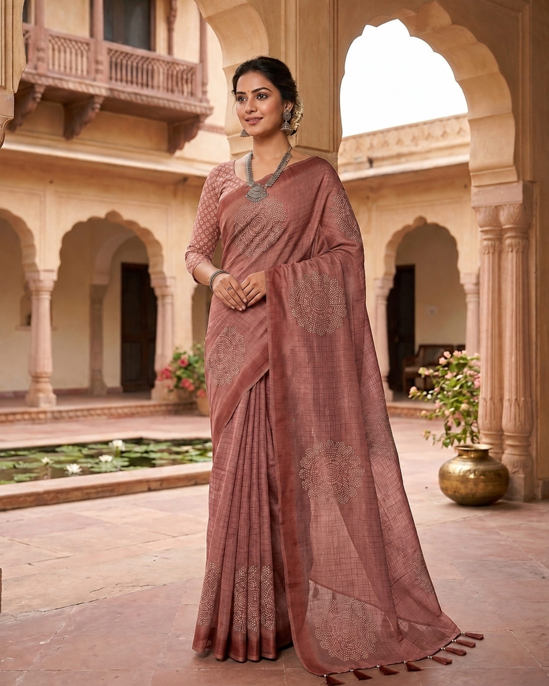 Peachmode Brown Bandhani Mirror Work Linen Saree - Image 1