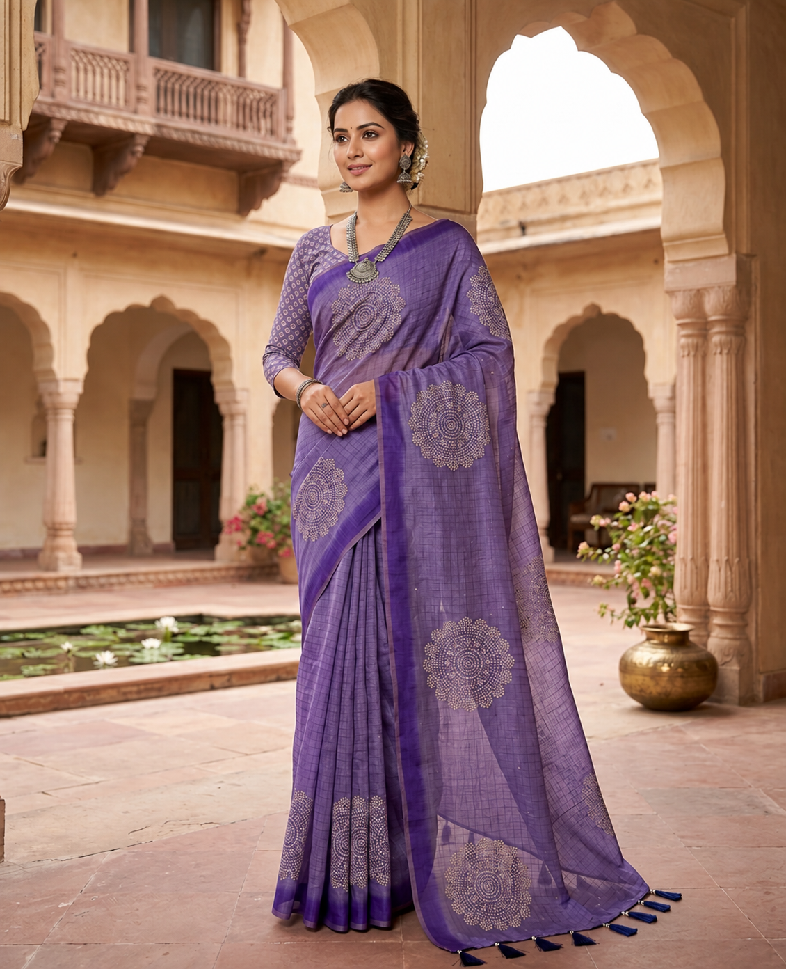 Peachmode Purple Bandhani Mirror Work Linen Saree - Image 1