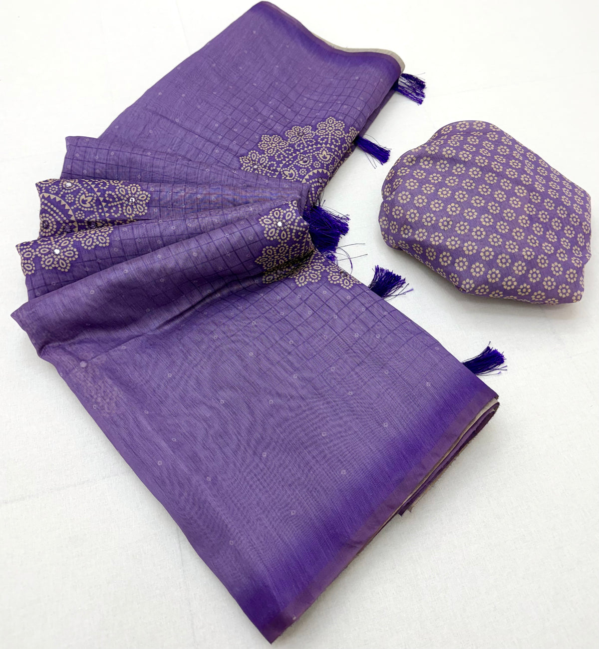 Peachmode Purple Bandhani Mirror Work Linen Saree - Image 3