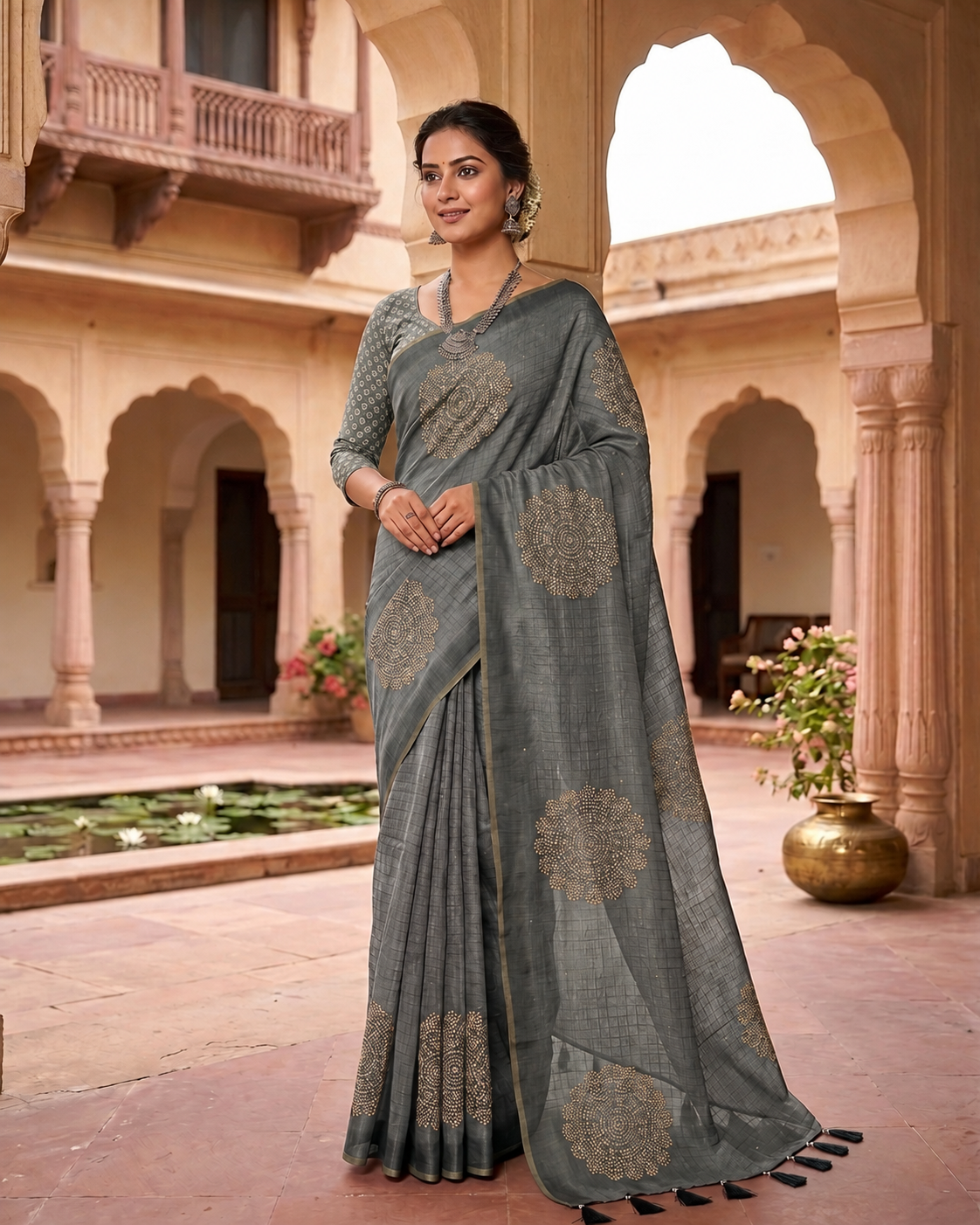 Peachmode Grey Bandhani Mirror Work Linen Saree - Image 1