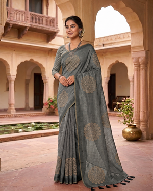 Peachmode Grey Bandhani Mirror Work Linen Saree - Image 1
