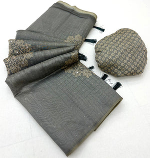 Peachmode Grey Bandhani Mirror Work Linen Saree - Image 2