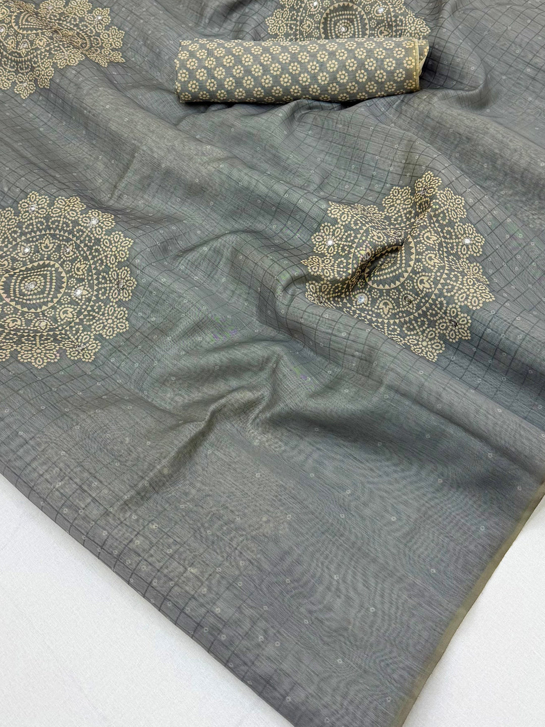 Peachmode Grey Bandhani Mirror Work Linen Saree - Image 5