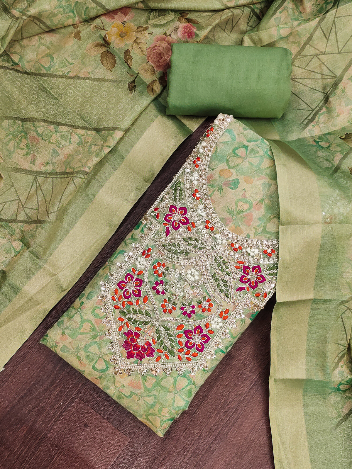 Peachmode Green Unstitched Dress Material - Image 1