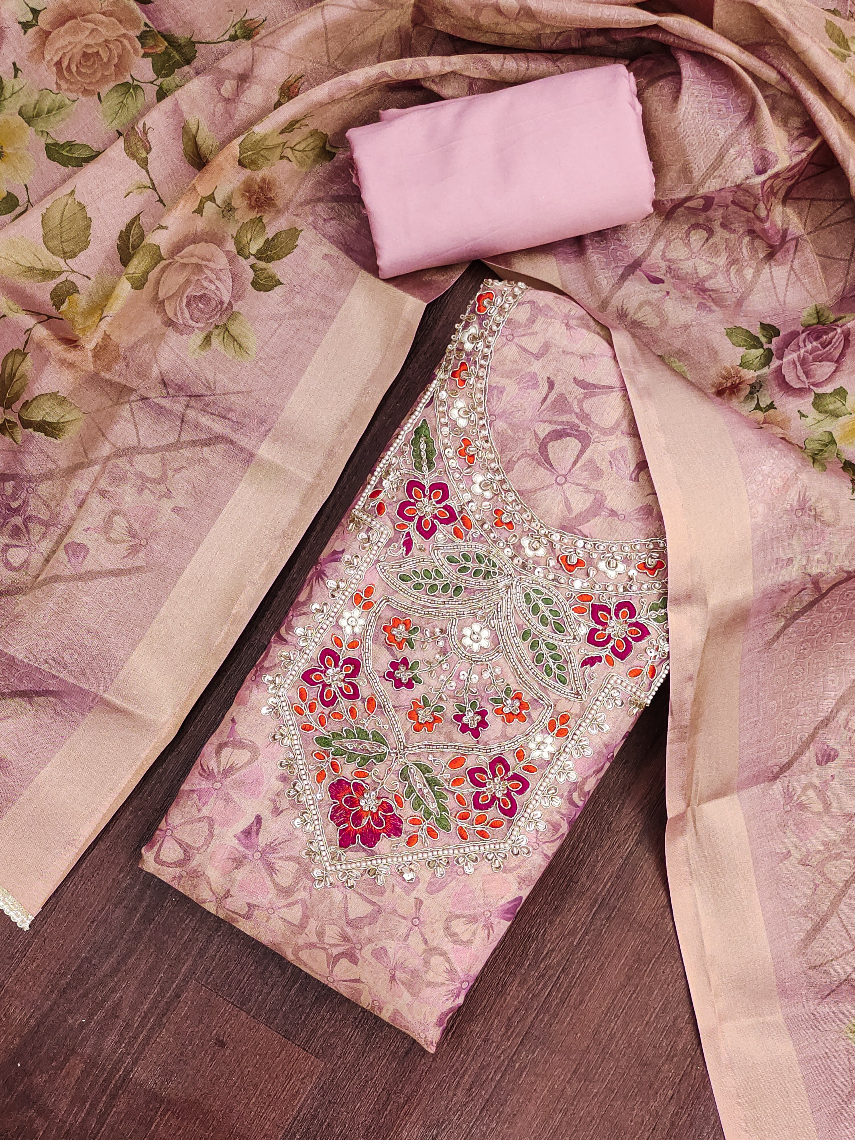 Peachmode Pink Unstitched Dress Material - Image 1