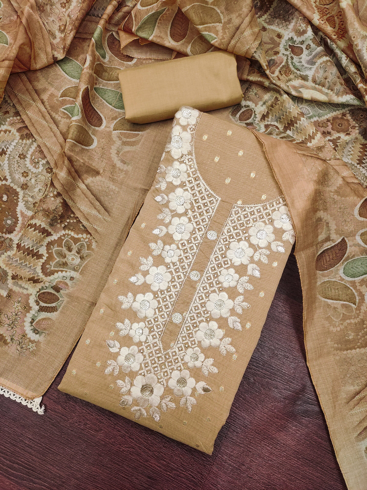 Peachmode Chikoo Unstitched Dress Material - Image 1