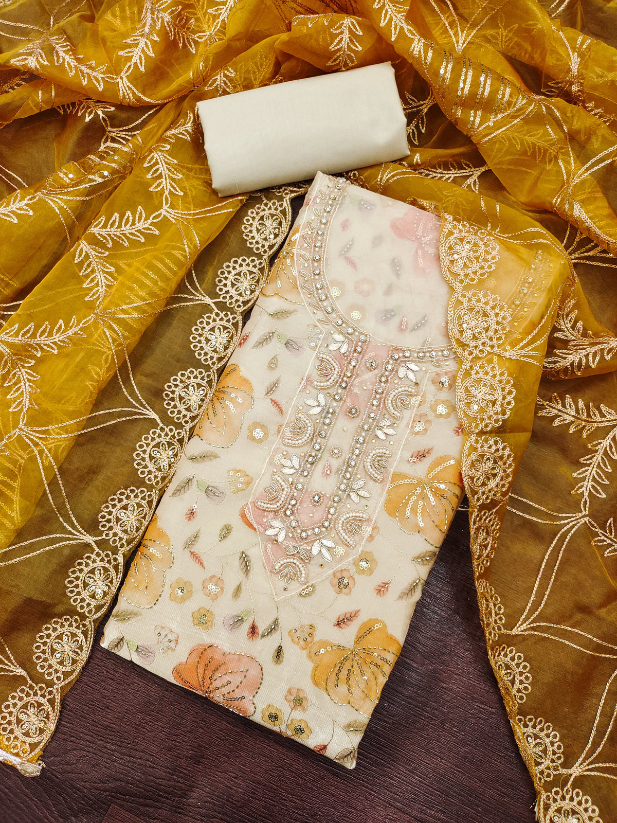 Peachmode Chikoo Unstitched Dress Material - Image 1