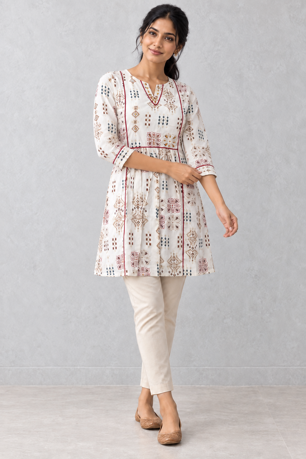Peachmode White Rayon Ethnic Motif Printed A-Line Top - Image 5