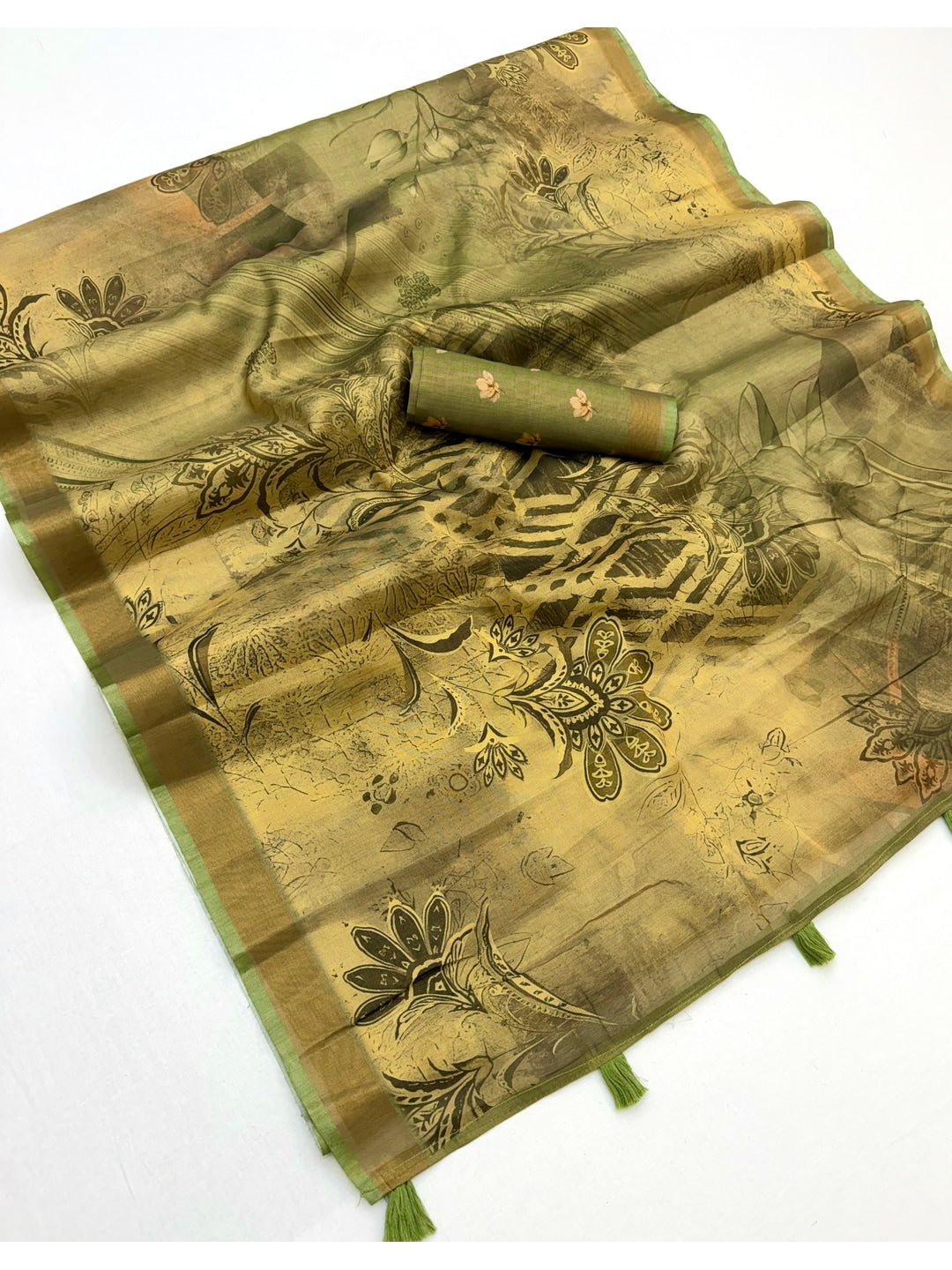 Peachmode Olive Rashna Digital Printed Erode Silk Saree - Image 3