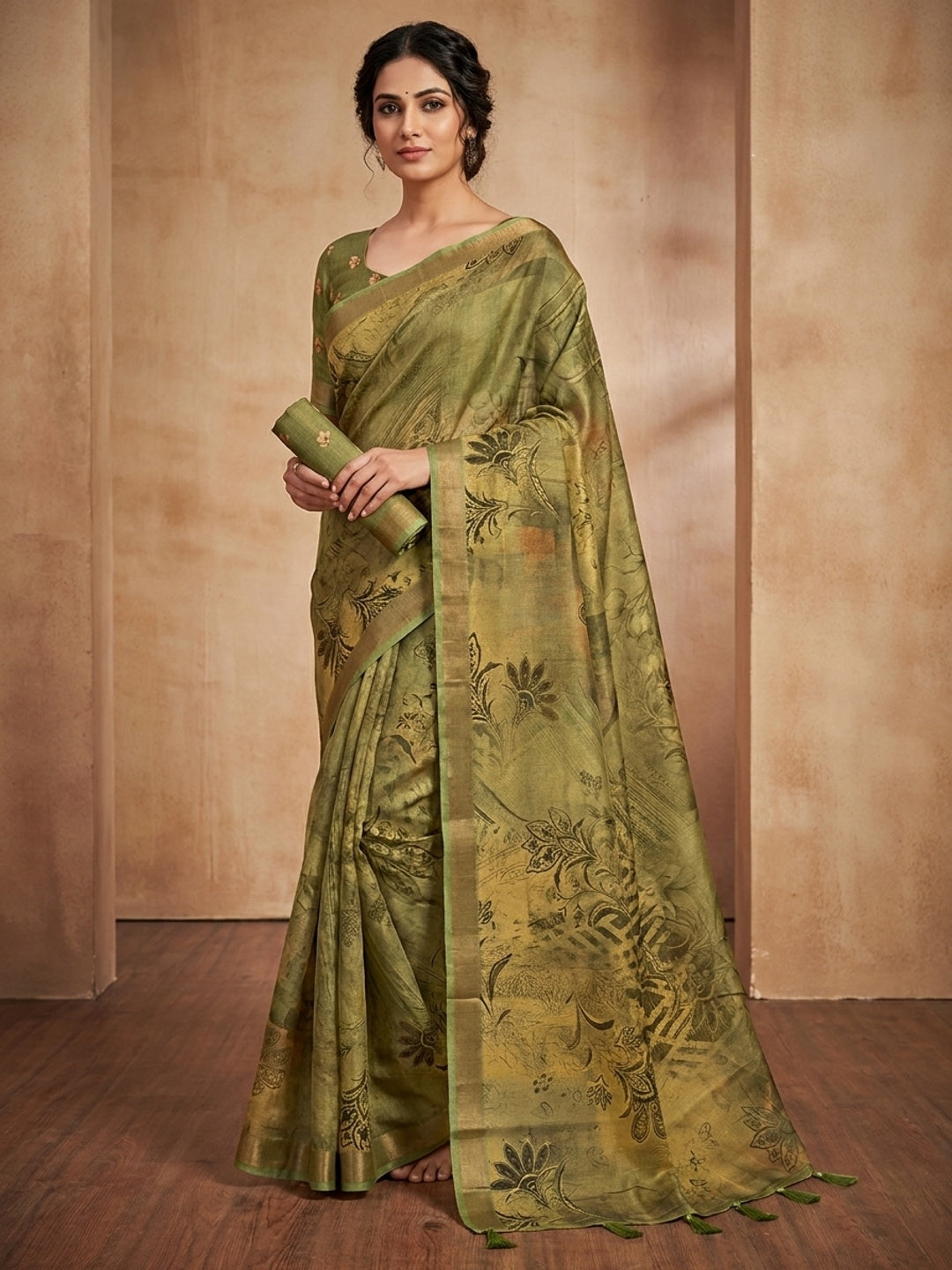 Peachmode Olive Rashna Digital Printed Erode Silk Saree - Image 1