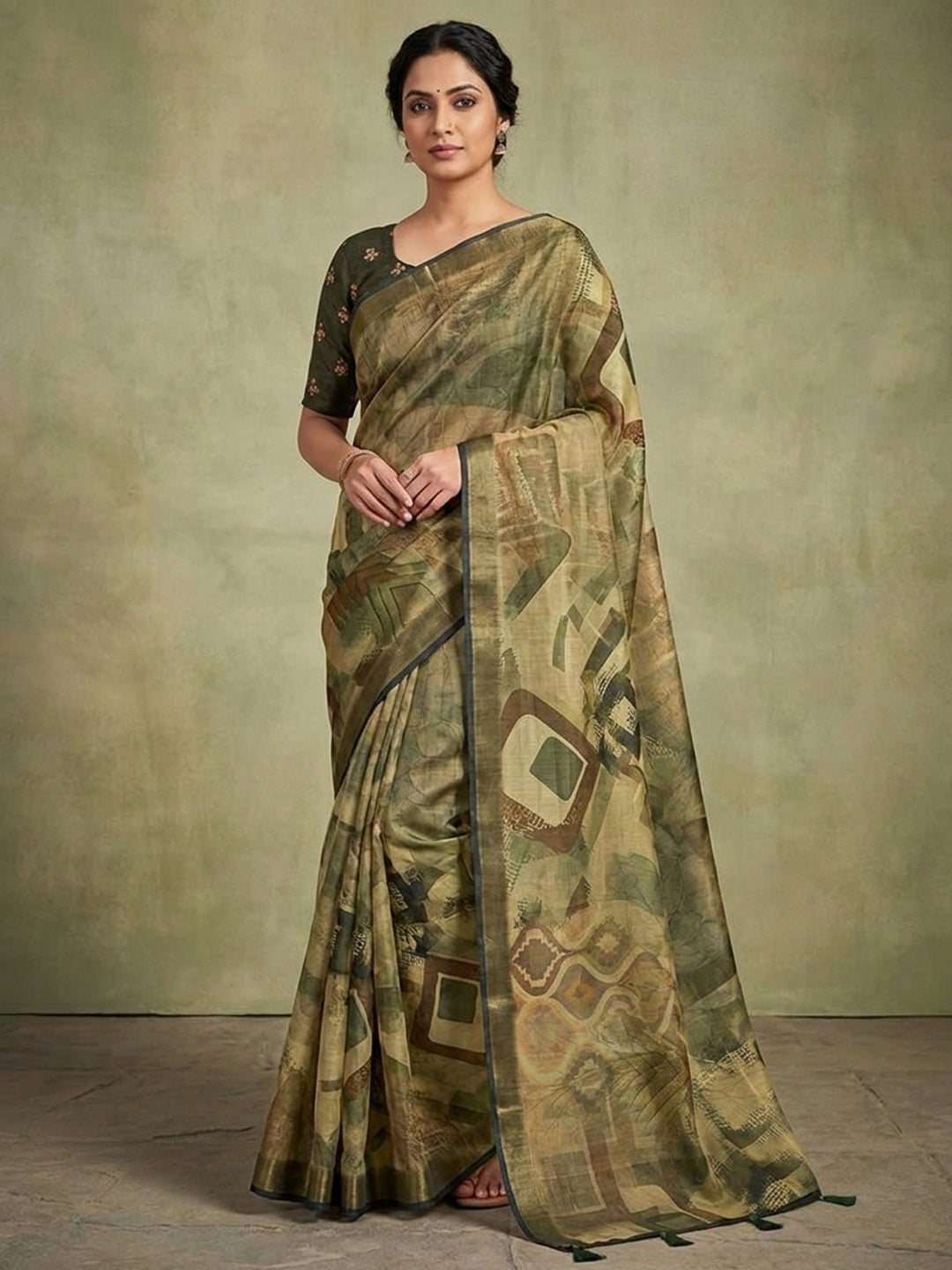 Peachmode Olive Rashna Digital Printed Erode Silk Saree - Image 1