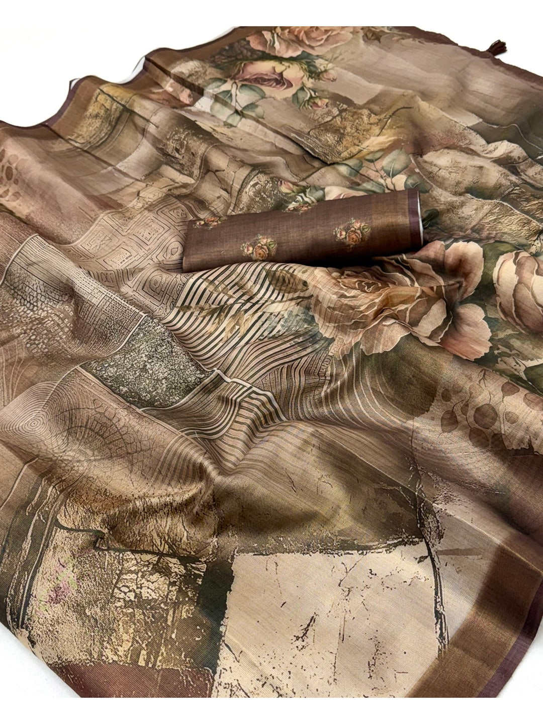 Peachmode Brown Rashna Digital Printed Erode Silk Saree - Image 4