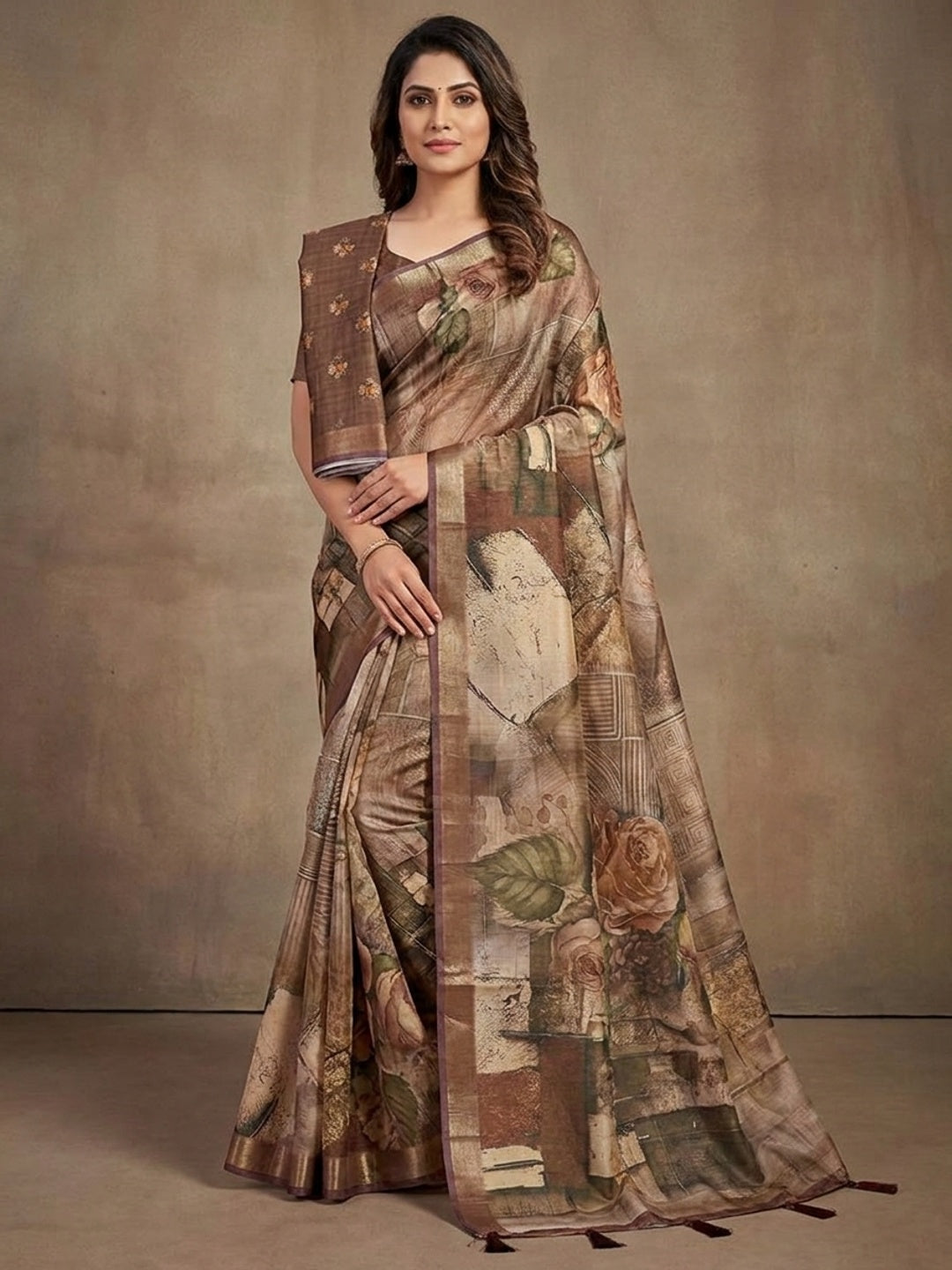 Peachmode Brown Rashna Digital Printed Erode Silk Saree - Image 1