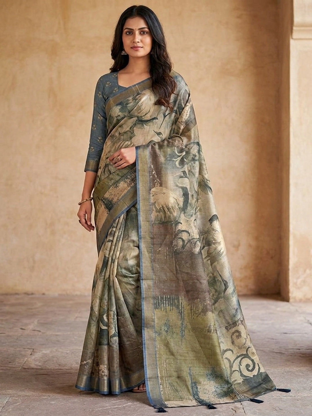 Peachmode Grey Rashna Digital Printed Erode Silk Saree - Image 1