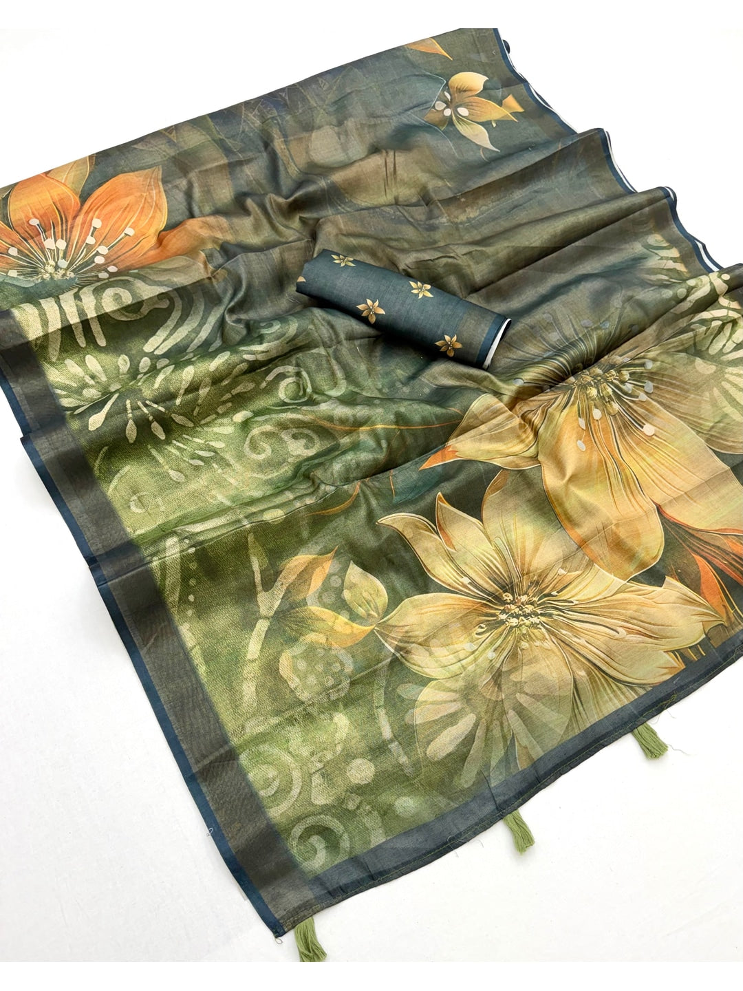 Peachmode Dark Green Rashna Digital Printed Erode Silk Saree - Image 3