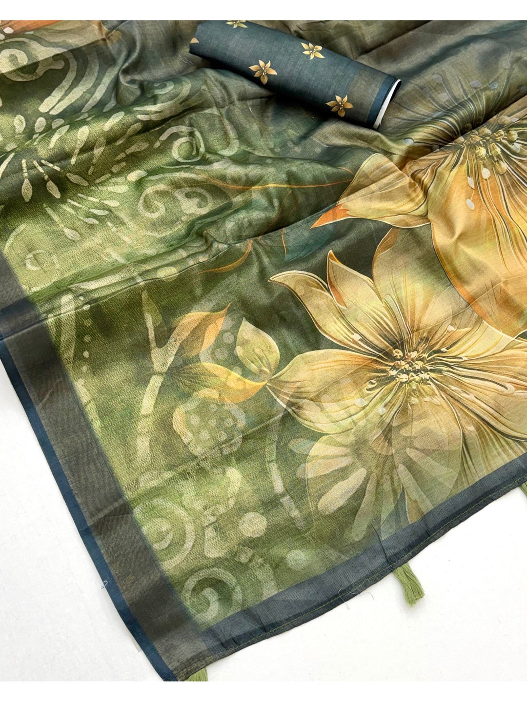 Peachmode Dark Green Rashna Digital Printed Erode Silk Saree - Image 5