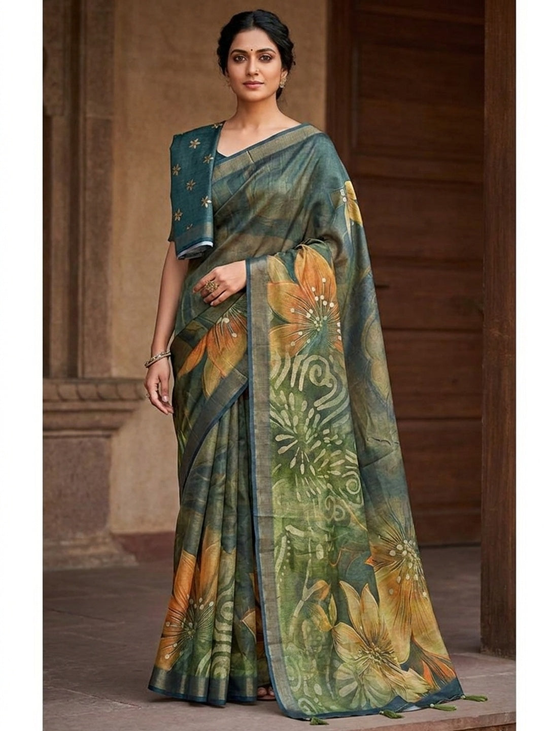 Peachmode Dark Green Rashna Digital Printed Erode Silk Saree - Image 1