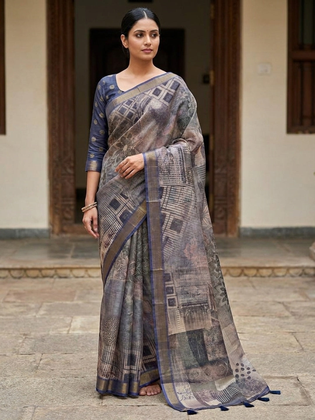 Peachmode Grey Rashna Digital Printed Erode Silk Saree - Image 1