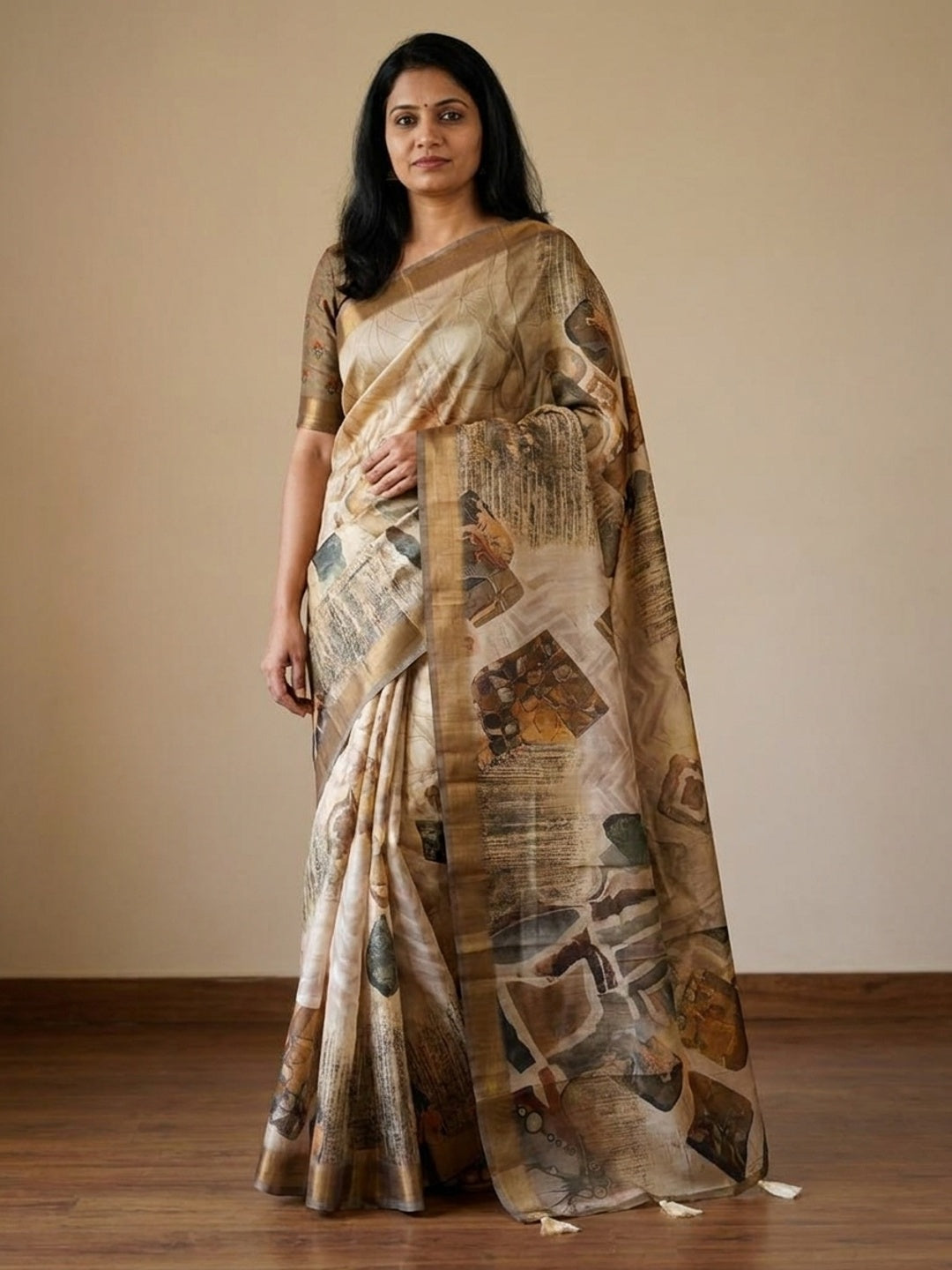 Peachmode Beige Rashna Digital Printed Erode Silk Saree - Image 1