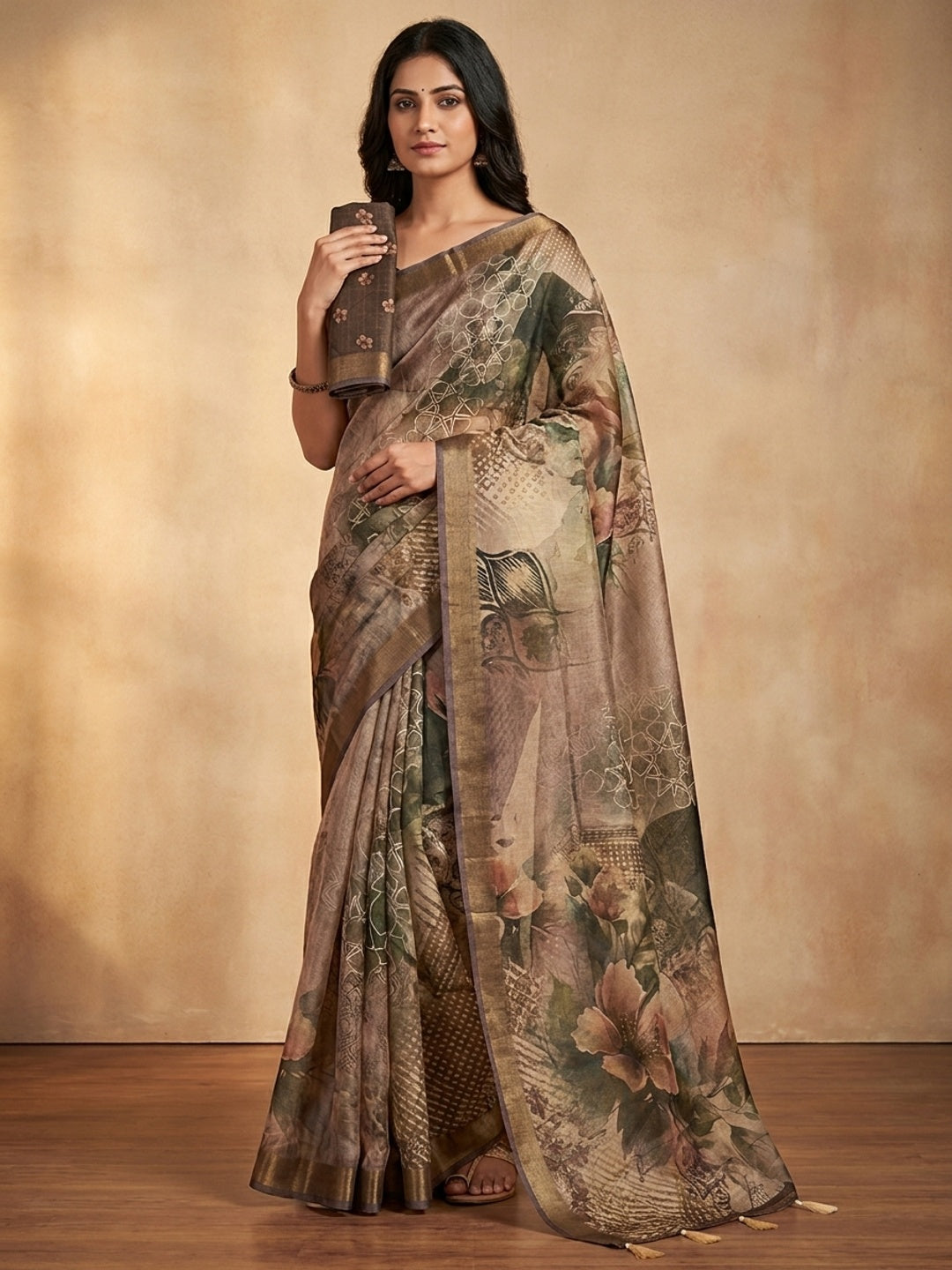Peachmode Brown Rashna Digital Printed Erode Silk Saree - Image 1