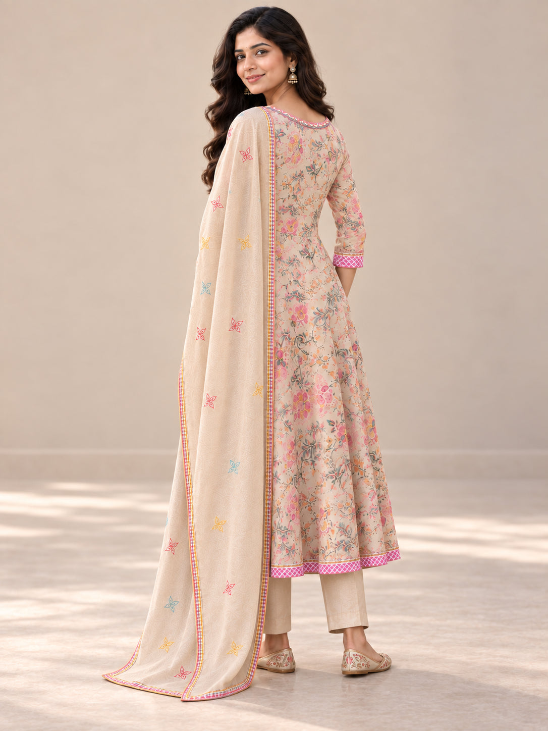 Beige Pure Cotton Floral Printed Salwar Suit - Image 4