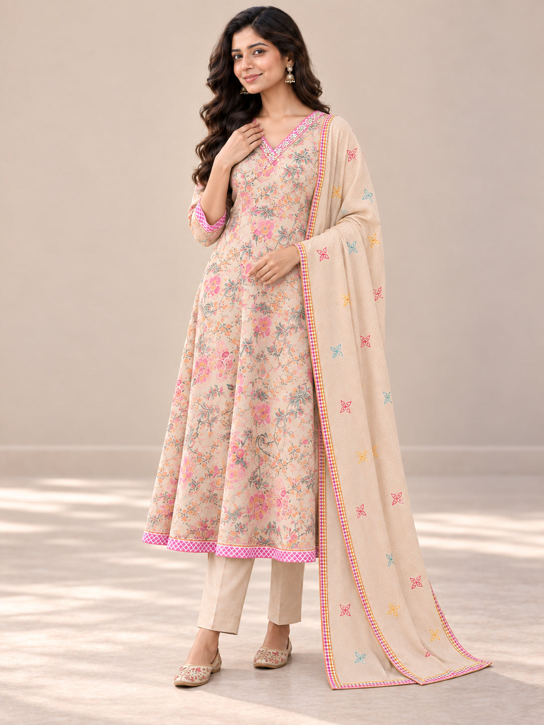 Beige Pure Cotton Floral Printed Salwar Suit - Image 5