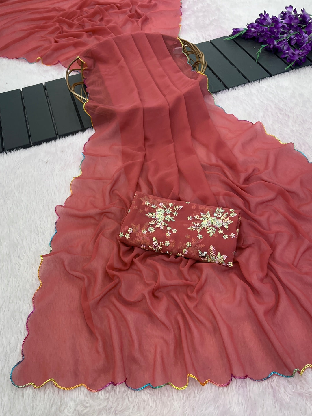 Peachmode Peach Embroidered Fox Georgette Saree - Image 2