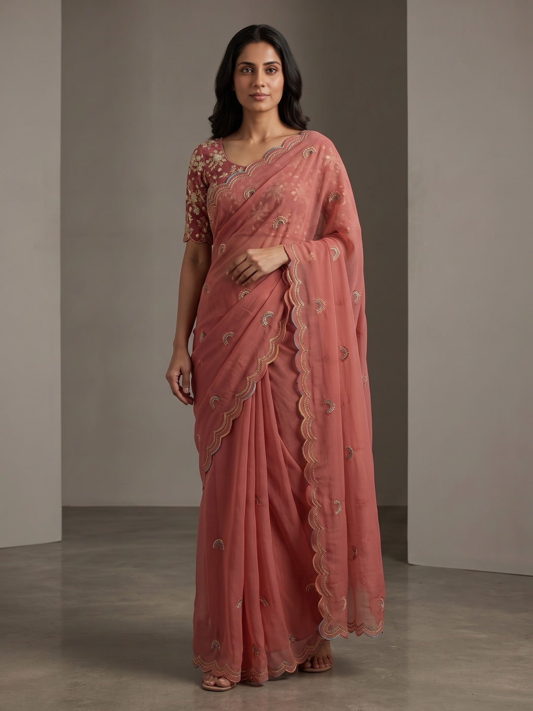 Peachmode Peach Embroidered Fox Georgette Saree - Image 5