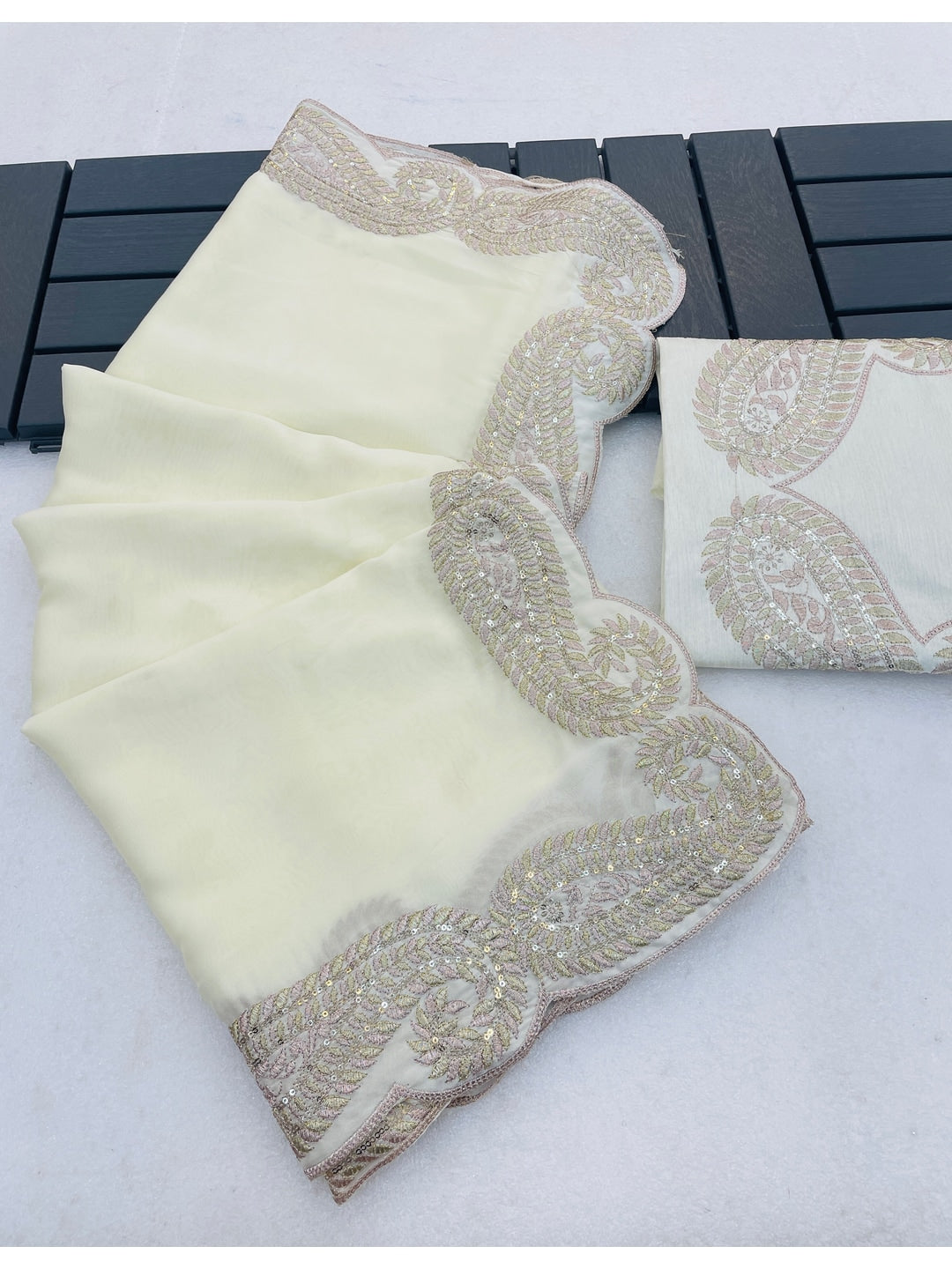 Peachmode Off White Embroidered Rangoli Silk Saree - Image 2