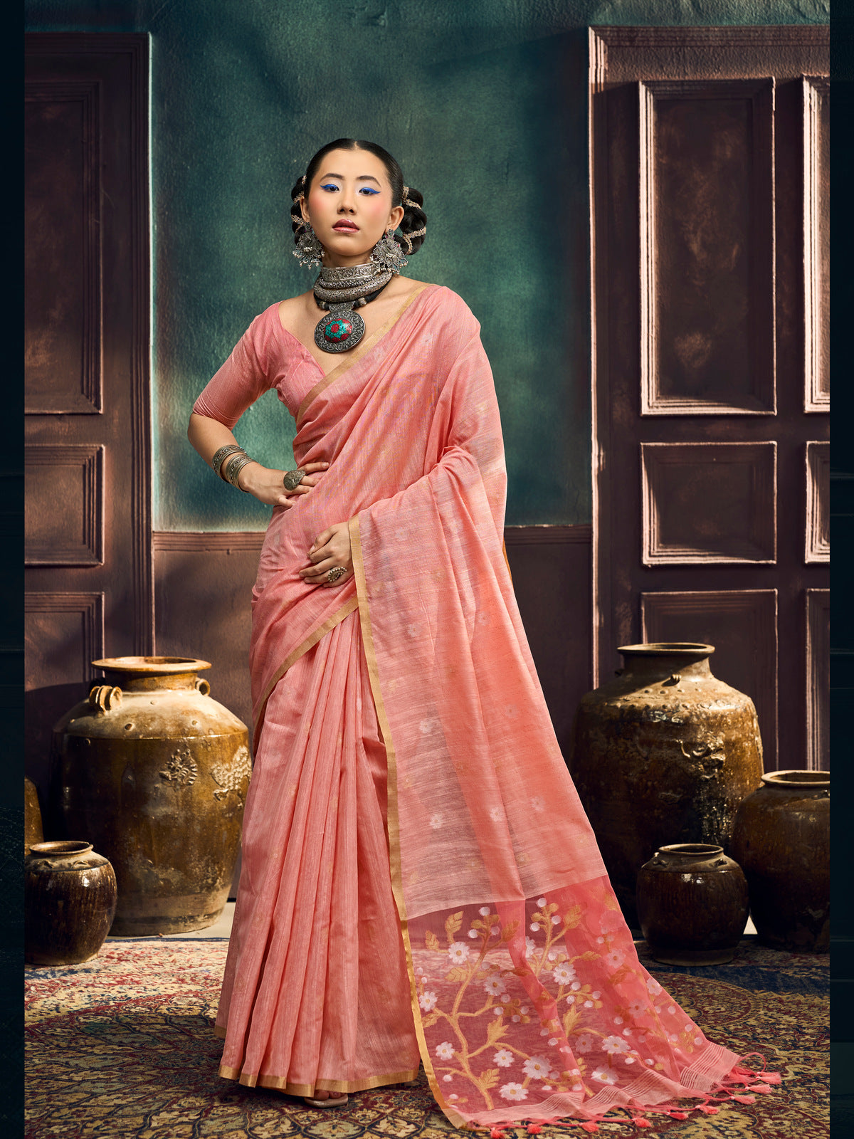 Peachmode Peach Munga Cotton Handloom Woven Saree - Image 1