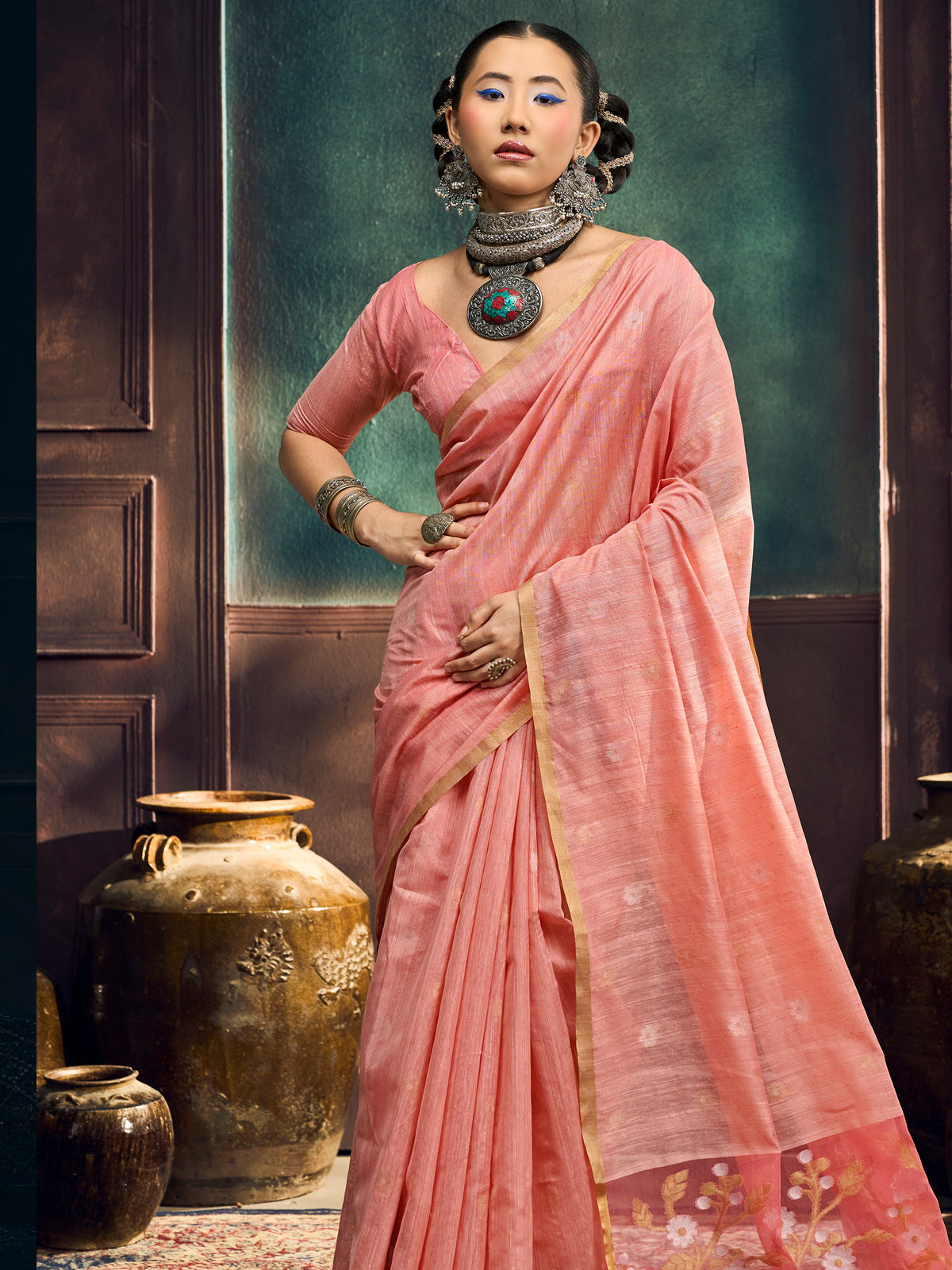 Peachmode Peach Munga Cotton Handloom Woven Saree - Image 3