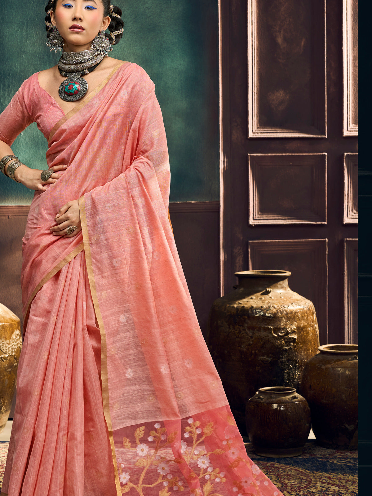 Peachmode Peach Munga Cotton Handloom Woven Saree - Image 4