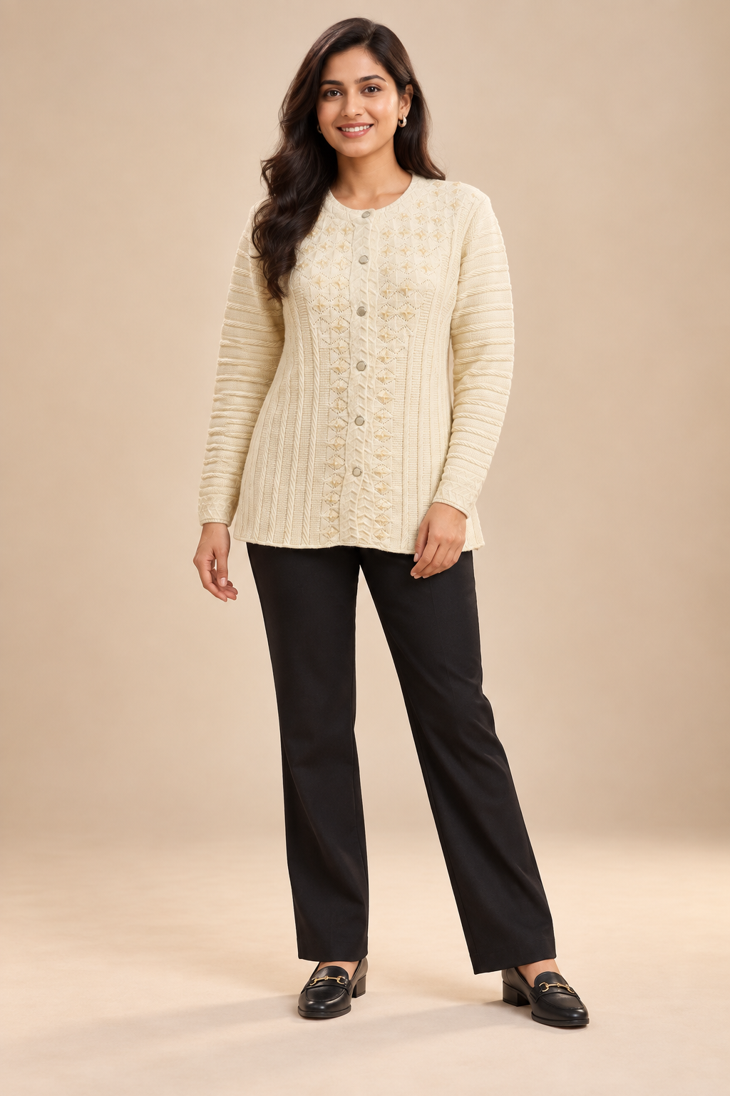 Cream Woolen Knit Cardigan - Image 1