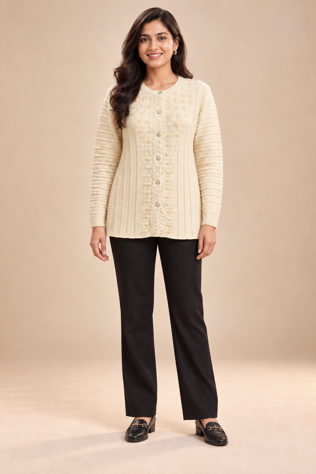 Cream Woolen Knit Cardigan - Image 2