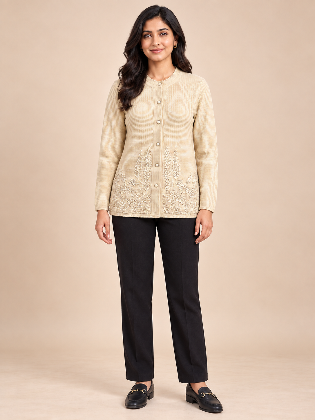 Beige Woolen Knit Cardigan - Image 2