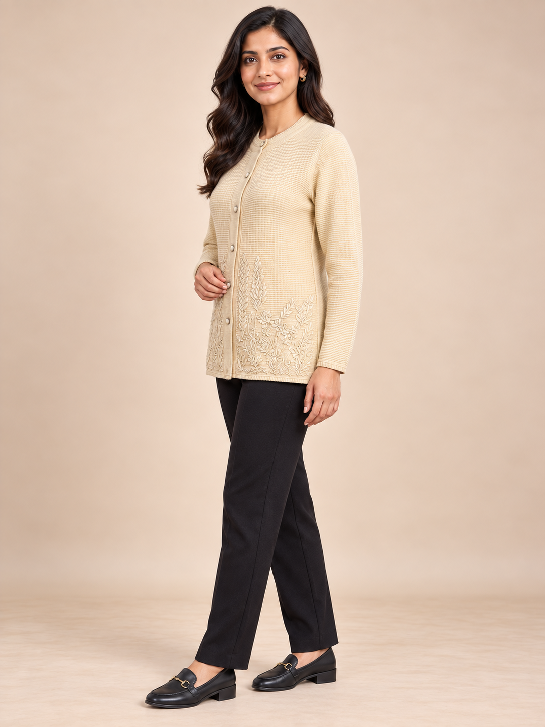 Beige Woolen Knit Cardigan - Image 3