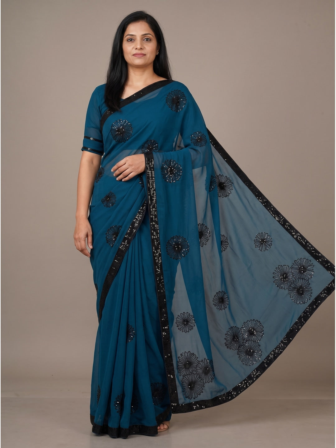 Peachmode Teal Blue Floral Sequin Georgette Saree With Blouse - Image 1