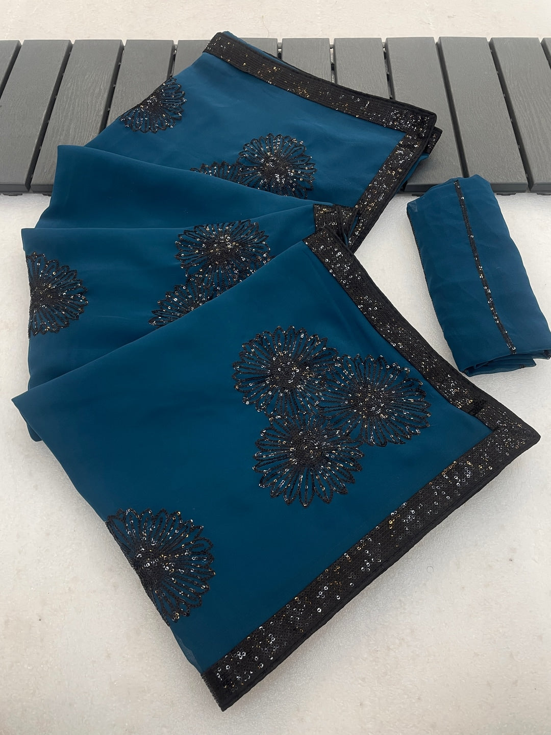 Peachmode Teal Blue Floral Sequin Georgette Saree With Blouse - Image 5