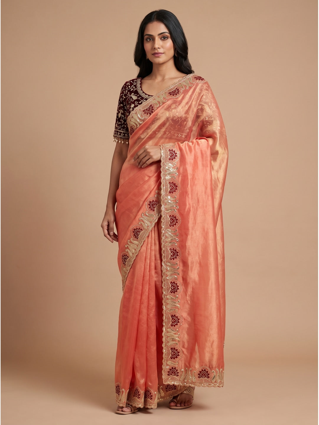 Peachmode Peach Embroidered Fendy Satin Silk Saree With Stitched Blouse - Image 1