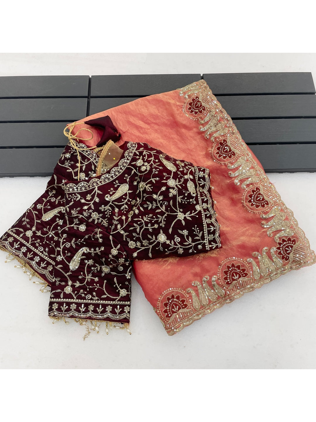 Peachmode Peach Embroidered Fendy Satin Silk Saree With Stitched Blouse - Image 2