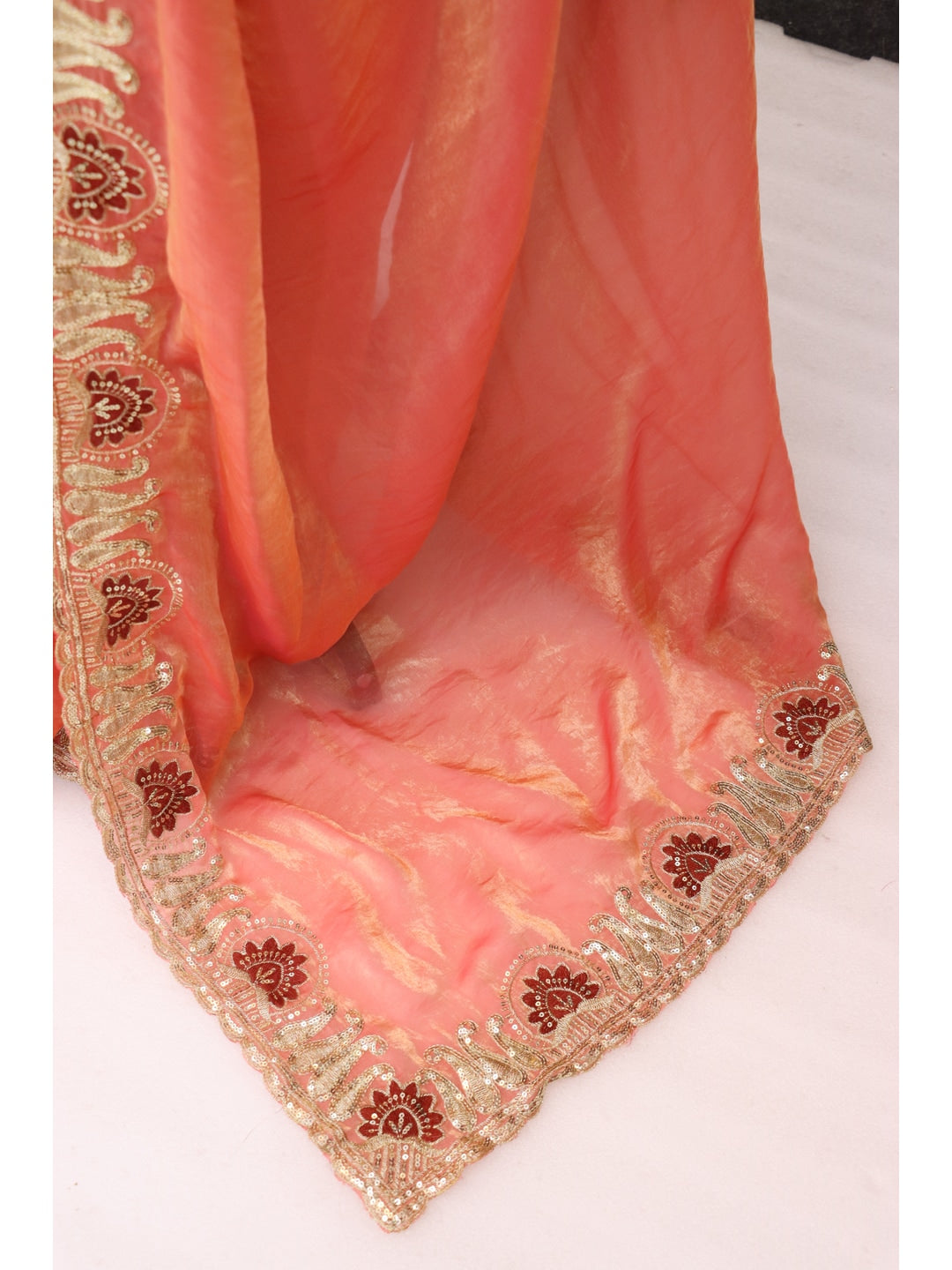 Peachmode Peach Embroidered Fendy Satin Silk Saree With Stitched Blouse - Image 3