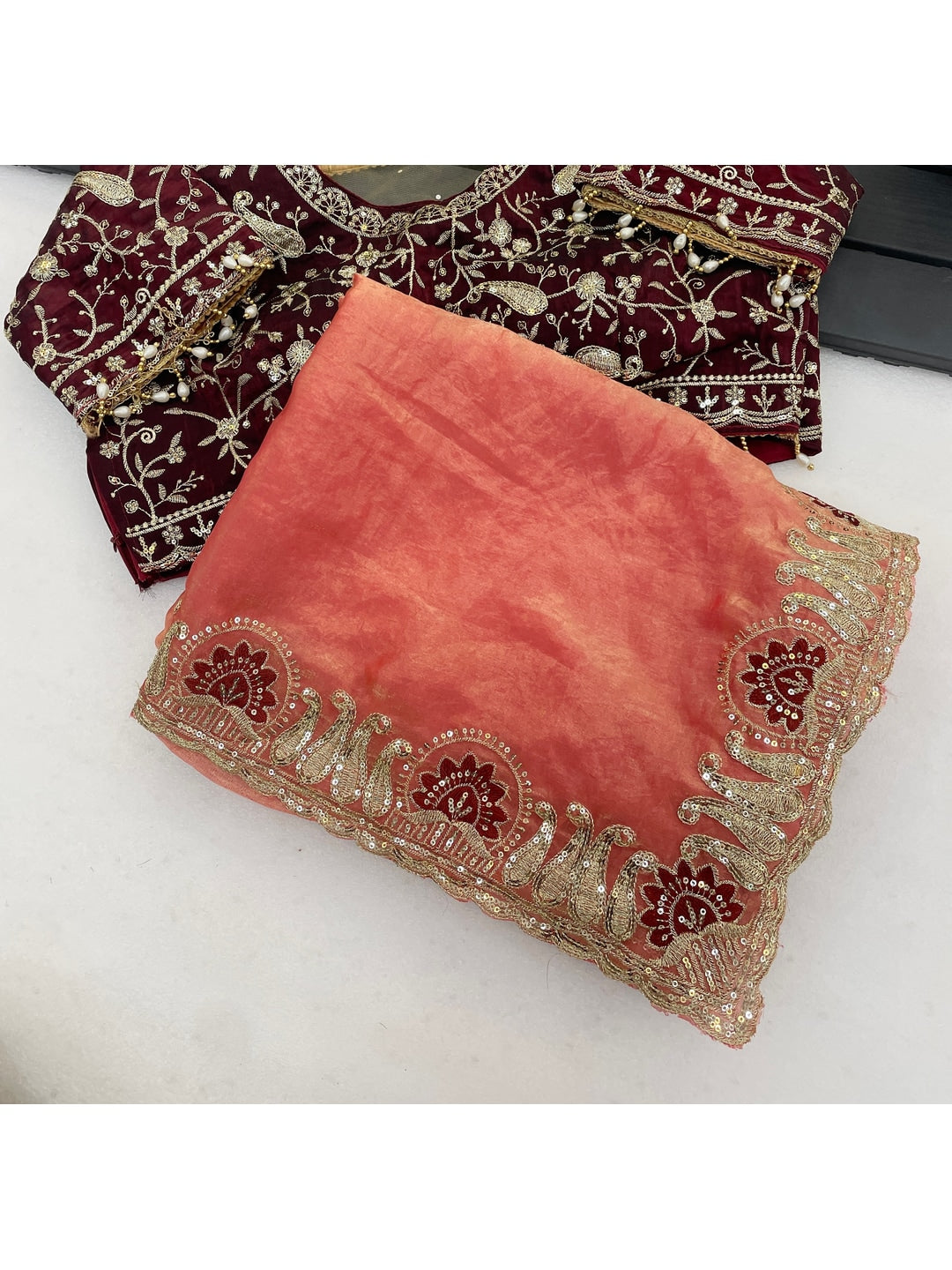 Peachmode Peach Embroidered Fendy Satin Silk Saree With Stitched Blouse - Image 4