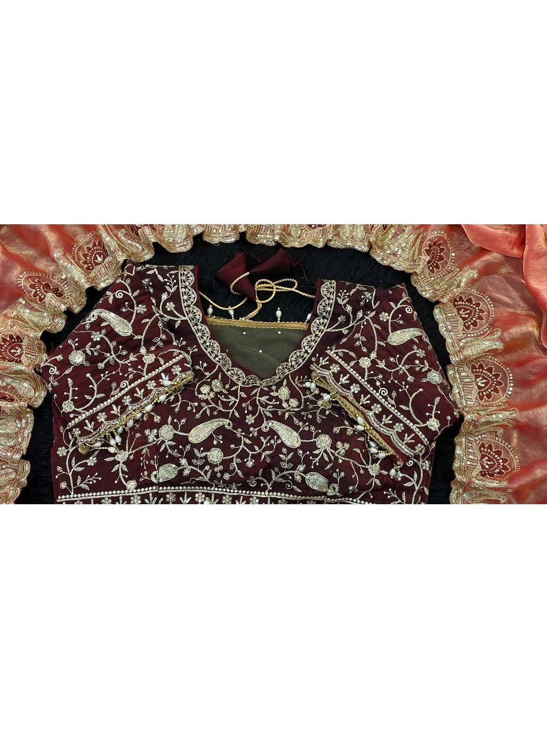 Peachmode Peach Embroidered Fendy Satin Silk Saree With Stitched Blouse - Image 5